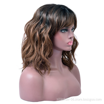 Wholesale Heat Resistant Ombre Brown Black Brown Pink Silky Curly Wig For Women Synthetic Short Water Wavy Wigs With Bangs